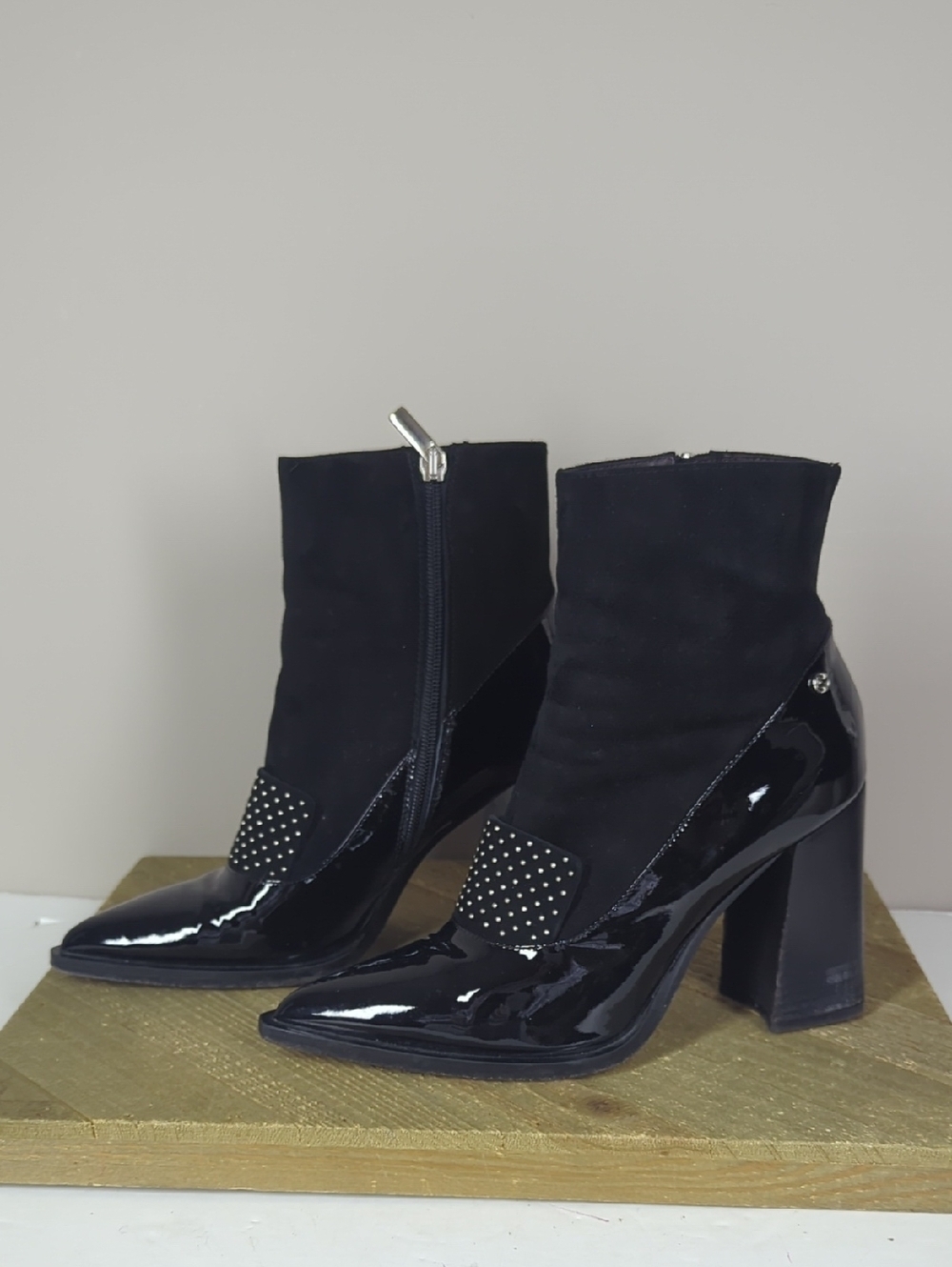 Capezzani Black Patent Leather & Suede Ankle Boots Made in Italy Block Heel 7